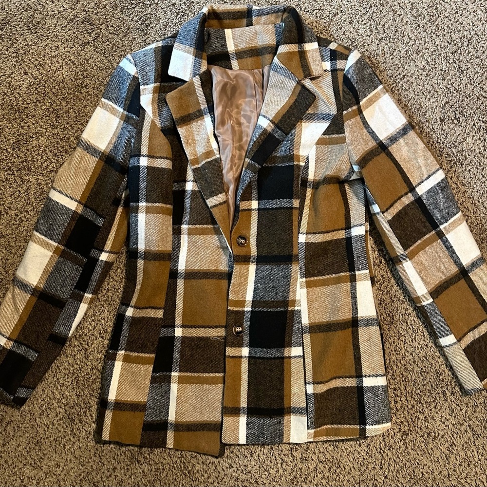 SHEIN Plaid Notch Collar Blazer in Mustard, Black & White